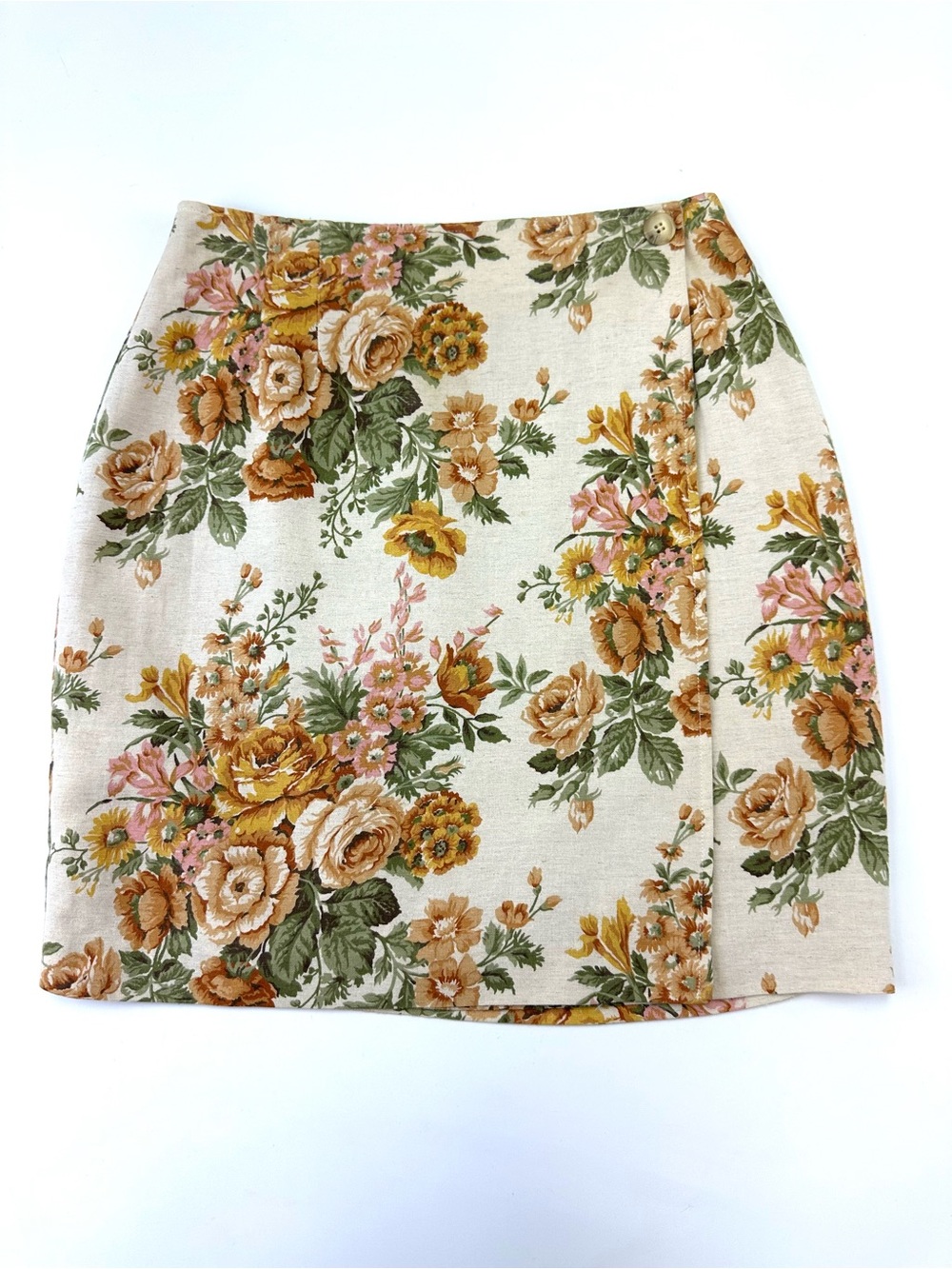 Retro Floral Wrap Skirt Cotton Linen Blend Size 6 Cottagecore Made in Canada